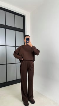 Kahve Bisiklet Yaka Sweatshirt Beli Lastikli Eşofman İkili Modal Takım GAUS-00598GAUSTAKIMGAUS-00598
