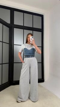Gri Denim Detaylı Crop Beli Lastikli Pantolon Premium Takım GAUS-01273GAUSTAKIMGAUS-01273