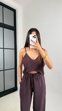 Mürdüm Ayarlanabilir Askılı Bluz Beli Lastikli Pantolon Tencel Takım GAUS-0015GAUSTAKIMGAUS-0015