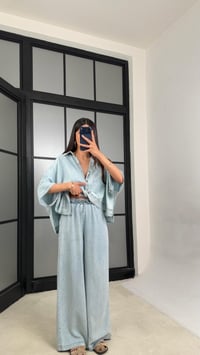 Açık Mavi Yarasa Kol Gömlek Beli Lastikli Pantolon Tencel Denim Takım GAUS-01539GAUSSuitsGAUS-01539