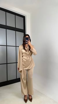 Bej Şal Detaylı Bluz Beli Lastikli Şalvar İkili Saten Takım GAUS-00606GAUSTAKIMGAUS-00606