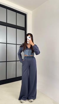 Antrasit Denim Detaylı Kapüşonlu Hırka Beli Lastikli Pantolon Tasarım Takım GAUS-00444GAUSTAKIMGAUS-00444