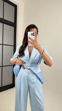 Mavi Yarım Kol Astarlı Vatkalı Kemerli Ceket Pantolon İkili Premium Takım Gaus00453GausTAKIMGU1002058