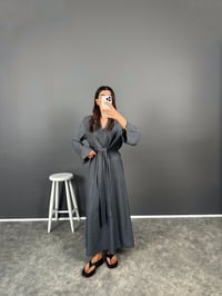 Aury Gri Önden Bağlamalı Pinterest Keten ElbiseGausELBİSEGU008333