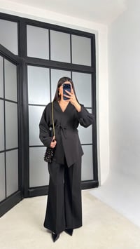 Siyah Belden Kuşaklı Ceket Beli Lastikli Pantolon İkili Takım GAUS-01206GAUSTAKIMGAUS-01206