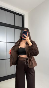 Kahve Beli Lastikli Ceket Pantolon Paraşüt Örgü Detaylı Modal Takım GAUS-00964GAUSTAKIMGAUS-00964
