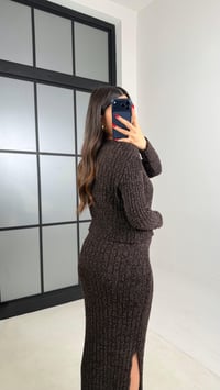 Acı Kahve Hırka Crop Beli Lastikli Yırtmaç Detaylı Etek Triko Takım GAUS-00969GAUSTAKIMGAUS-00969