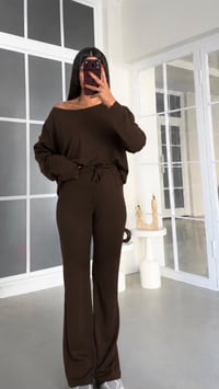 Acı Kahve Kayık Yaka Bluz Beli Lastikli Pantolon İkili Modal Takım GAUS-02168GAUSTAKIMGAUS-02168