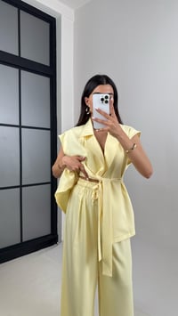 Sarı Cepli Kuşaklı Yelek Beli Lastikli Pantolon Tencel Takım Gaus00433GausTAKIMGU1002006