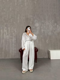 Beyaz Yarım Düğmeli Gömlek Beli Lastikli Pantolon Tensel Takım Gaus00133GausTAKIMGU1001302