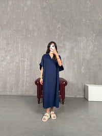 Lacivert V Polo Yaka Yandan Yırtmaçlı Keten Elbise Gaus00164GausELBİSEGU1001376