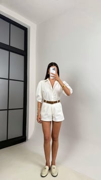 Beyaz Balon Kol Gömlek Şortlu Premium Keten Takım Gaus00675GausTAKIMGU1002556