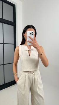 Taş Yaka Bağlama Detaylı Üst Beli Lastikli Cepli Pantolon ZR Muadil Keten Takım Gaus00398GausTAKIMGU1001933