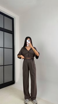 Kahve Yıkama Desenli Kapüşonlu Crop Hırka Beli Lastikli Pantolon İkili Premium Takım GAUS-0063GAUSTAKIMGAUS-0063