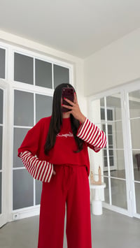 Kırmızı Kolu Şeritli Tshirt Beli Lastikli Pantolon İkili Modal Takım GAUS-02227GAUSTAKIMGAUS-02227