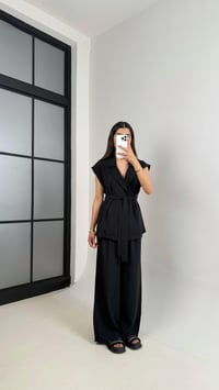Siyah Cepli Kuşaklı Yelek Beli Lastikli Pantolon Tencel Takım Gaus00433GausTAKIMGU1002007