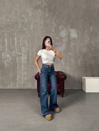 Chest Orta Mavi Paça Detaylı Wide Leg JeanGausDENİM PANTOLONGU00904424