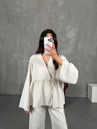 Taş Önü Bağlamalı Gömlek Beli Lastikli Pantolon İkili Keten Takım Gaus00262GausTAKIMGU1001604