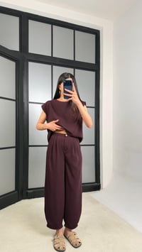 Mürdüm Vatkalı Bluz Beli Lastikli Pantolon Krep Kumaş Takım GAUS-01485GAUSTAKIMGAUS-01485