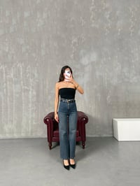 Nima Mavi Eskitme Kesik Paça Siyah Kemerli Yüksek Bel JeanGausDENİM PANTOLONGU100437