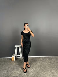 Antrasit Desenli Fitilli Yandan Yırtmaçlı Uzun ElbiseGausELBİSEGU008635