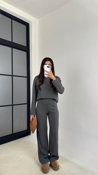 Gri Bisiklet Yaka Üst Beli Lastikli Pantolon Basic Yumuşak Triko Takım GAUS-00109GAUSTAKIMGAUS-00109