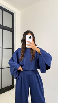 Lacivert Yarasa Kol Crop Beli Lastikli Pantolon OYS Muadil Modal Takım GAUS-0080GAUSTAKIMGAUS-0080