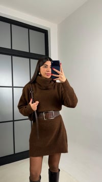 Kahve Balıkçı Yaka Oversize Triko Elbise GAUS-00900GAUSELBİSEGAUS-00900