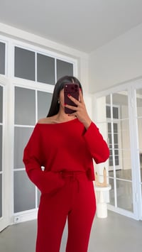 Kırmızı Kayık Yaka Bluz Beli Lastikli Pantolon İkili Modal Takım GAUS-02168GAUSTAKIMGAUS-02168