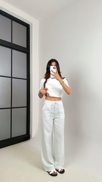 Mavi Beyaz Şeritli Beli Lastikli Keten Pantolon Gaus00479GausEŞOFMANGU1002117