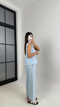 Açık Mavi Püskül Detaylı Bluz Beli Lastikli Cepli Pantolon Keten Takım Gaus00646 GausTAKIMGU1002500