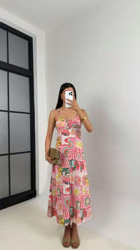 Pembe Desenli Önü Düğmeli Sırt Dekolteli Pinterest Keten Elbise Gaus00673GausELBİSEGU1002551