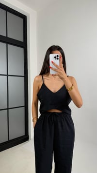 Siyah Ayarlanabilir Askılı Bluz Beli Lastikli Pantolon Tencel Takım GAUS-0015GAUSTAKIMGAUS-0015