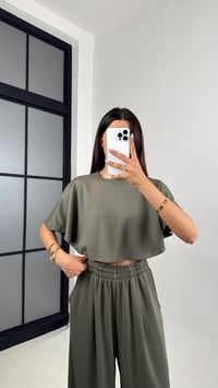 Haki Crop Beli Lastikli Palazzo Eşofman İkili Modal Kumaş Takım GAUS-01219GAUSTAKIMGAUS-01219