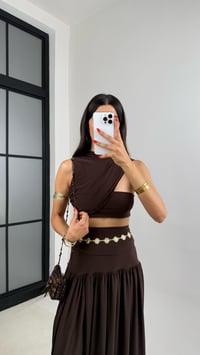 Kahve Sandy Kumaş Yırtmaçlı Etek Crop Takım GAUS-0049GAUSTAKIMGAUS-0049