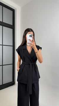 Siyah Cepli Kuşaklı Yelek Beli Lastikli Pantolon Tencel Takım Gaus00433GausTAKIMGU1002007