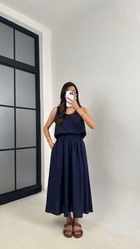 Lacivert Bluz Beli Lastikli Etek İkili Kırışık Tencel Takım Gaus00522GausTAKIMGU1002224