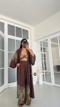 Kahve Kimono Crop Beli Lastikli Pantolon 3lü Desenli Premium Takım GAUS-01831GAUSSuitsGAUS-01831