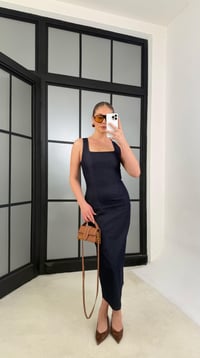 Lacivert Arkadan Yırtmaçlı Fermuarlı Premıum Denim Elbise GAUS-01199GAUSELBİSEGAUS-01199