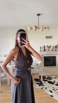 Acı Kahve Halter Yaka Gold Toka Detaylı Bluz Etek İkili Premium Takım GAUS-01631GAUSTAKIMGAUS-01631