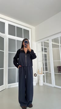 Lacivert İPKYL Deri Yakalı Astarlı Denim Detaylı Ceket Beli Lastikli Pantolon İkili Tencel Takım GAUS-01842GAUSSuitsGAUS-01842