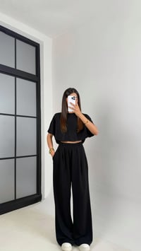 Siyah Crop Beli Lastikli Palazzo Eşofman İkili Modal Kumaş Takım GAUS-01219GAUSTAKIMGAUS-01219