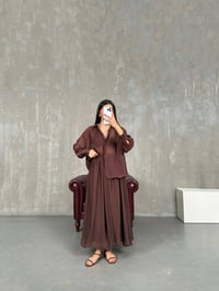 Kahve Gömlek Astarlı Beli Lastikli Etek Kırışık Tensel Takım Gaus00158GausTAKIMGU1001364