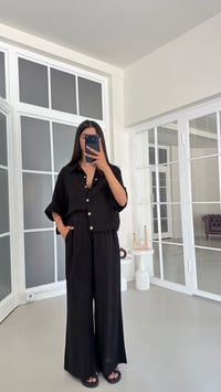 Siyah Yarasa Kol Gömlek Beli Lastikli Pantolon Tencel Denim Takım GAUS-01785GAUSTAKIMGAUS-01785
