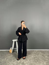 Guta Siyah Keten Karışımlı Yarım Astarlı Pantolon Kimono İkili TakımGausTAKIMGU008625