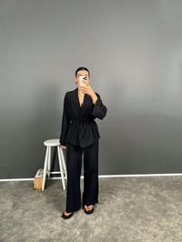 Guta Siyah Keten Karışımlı Yarım Astarlı Pantolon Kimono İkili TakımGausTAKIMGU008625