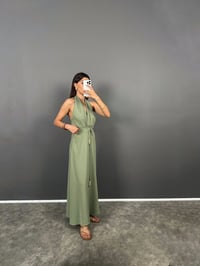 Aren Haki Boyundan Geçirmeli Uzun Keten Elbise GausELBİSEGU008787