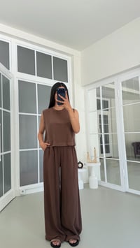 Kahve Bluz Beli Lastikli Pantolon Yıkamalı Tencel Takım GAUS-01795GAUSSuitsGAUS-01795