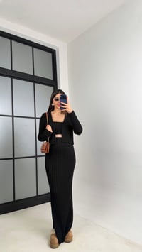 Siyah Hırka Crop Beli Lastikli Yırtmaç Detaylı Etek Triko Takım GAUS-00969GAUSTAKIMGAUS-00969