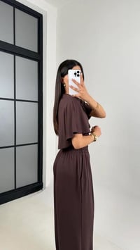 Kahve Crop Beli Lastikli Palazzo Eşofman İkili Modal Kumaş Takım GAUS-01219GAUSTAKIMGAUS-01219